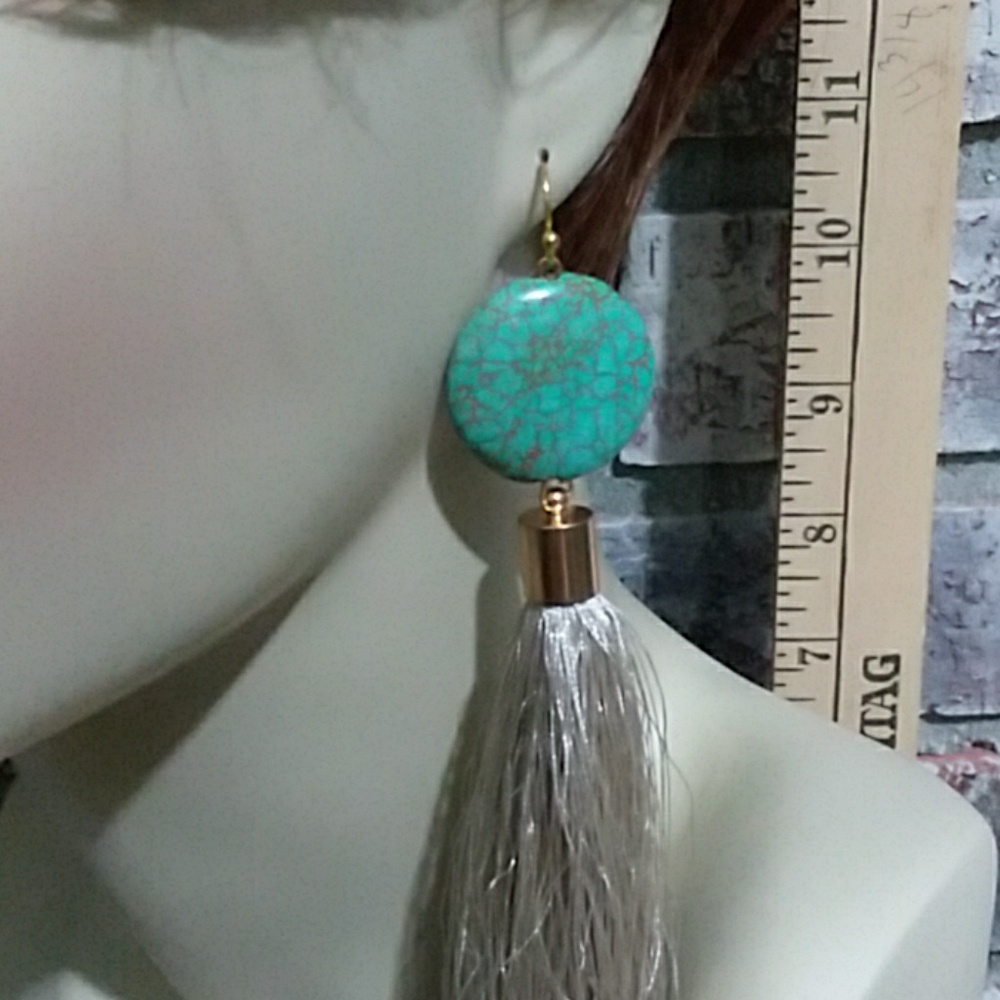 Turquoise disc tassel earrings 1" diameter cut 2 f - Picture 3 of 7
